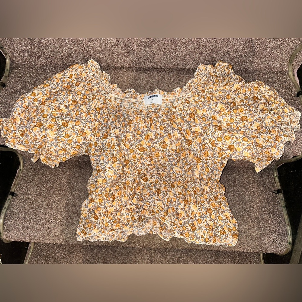 Old Navy Women Blouse XL Yellow Floral Peasant Puff Sleeve Elastic Ruffle
